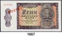 P A P I E R G E L D,D D R  10 Deutsche Mark 1954.  Einseitiger privater Nachdruck mit rotem Überdruck MUSTER. und KN AA 000000.