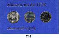 Deutsche Demokratische Republik,Thematische Sätze  Messestadt Leipzig.  10 Mark 1982  Neues Gewandhaus in Leipzig; 5 Mark 1984  Altes Rathaus in Leipzig und Thomaskirche in Leipzig.  Im Münzrahmen (blau) mit Aufschrift 