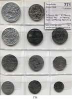 Notmünzen; Marken und Zeichen,0 Thale (Provinz Sachsen) 5 Pfennig 1921; 10 Pfennig 1918(2), 1921; 25 Pfennig 1921; 50 Pfennig 1921(4); 2 Mark 1921 und 3 Mark 1921.  LOT. 11 Stück.
