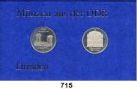 Deutsche Demokratische Republik,Thematische Sätze  40. Jahrestag der Zerstörung Dresdens.  5 Mark 1985  Zwinger in Dresden und zerstörte Frauenkirche in Dresden.  Im Münzrahmen (blau) mit Aufschrift 