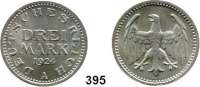 R E I C H S M Ü N Z E N,Weimarer Republik  DREI MARK 1924 A.  Jaeger 312.