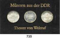 Deutsche Demokratische Republik,Thematische Sätze  Theater von Weltruf.  10 Mark 1982  Neues Gewandhaus Leipzig, 1985  Semperoper Dresden und 1987 Schauspielhaus Berlin.  Im Münzrahmen (schwarz)  mit Aufschrift 