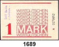 P A P I E R G E L D,D D R Gefängnisgeld 1, 10, 50(2) Pfennig, 1, 5 und 10 D-Mark o. D.  Serie A.  Der 1 Mark-Wert ist gestempelt:  