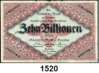 P A P I E R G E L D,Altdeutsche Staaten und Länderbanknoten Sachsen Sächsische Bank zu Dresden.  10 Billionen Mark 15.11.1923.  KN 01021 rot.  Grab. SAX 25.