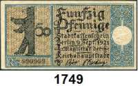 P A P I E R G E L D   -   N O T G E L D,Brandenburg Berlin Stadt.  50 Pfennig 9.9.1921.  Stadtbezirke.  An sich nichts besonderes, der Schein hat jedoch die KN 