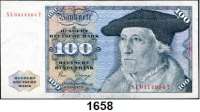 P A P I E R G E L D,BUNDESREPUBLIK DEUTSCHLAND  5, 10 und 100 Deutsche Mark 2.1.1980.  Der 100-Mark-Schein weist beidseitig am oberen und unteren Rand mittig Farbabrieb auf.  Ros. BRD-29 a, 30 a, 33 a.  LOT. 3 Scheine.