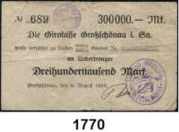 P A P I E R G E L D   -   N O T G E L D,Sachsen Grossschönau Gemeinde-Hauptkasse.  100.000 Mark, 300.000 Mark, 1 Million, 5 Millionen Mark 31.8.1923.   20 und 100 Millionen Mark 20.9.1923.  Sparkasse.  300.000 Mark 9.8.1923.   Nicht im  Katalog Keller.  Keller 1965 a, 1965 b, 1967 -. 