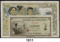 P A P I E R G E L D,AUSLÄNDISCHES  PAPIERGELD Französisch Indo-China 1 Piaster o.D.(1945) und 100 Piaster = 100 Riels o.D.(1954).  Pick 57 und 97.  LOT. 2 Scheine.