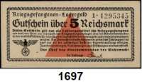 P A P I E R G E L D,Wehrmachtsausgaben des II. Weltkrieges Gutscheine der deutschen Kriegsgefangenenlager 1 Reichspfennig(gebraucht) und 5 Reichsmark o.D. (kassenfrisch)  Ros. DWM-20 und 26 b.  LOT. 2 Scheine.