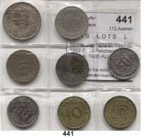 R E I C H S M Ü N Z E N,L O T S L O T S L O T S 10 Pfennig 1873 D, 1891 G; 1922 E; 10 Reichspfennig 1933 A; 1936 A(Jg. 364); 50 Pfennig 1875 C; 1877 E; 1 Mark 1906 G(vz). Jaeger 4, 7(2), 13, 17, 298, 317, 364. LOT. 8 Stück.