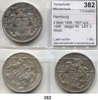 R E I C H S M Ü N Z E N,Hamburg  5 Mark 1898, 1907 und 1908.  Jaeger 65.  LOT. 3 Stück.