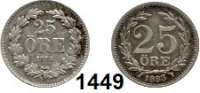 AUSLÄNDISCHE MÜNZEN,Schweden Oskar II. 1872 - 1907 25 Öre 1874 (ss) und 1883 (Patina, prfr).  Kahnt 109 und 125.  KM 738 und 739.  LOT. 2 Stück.