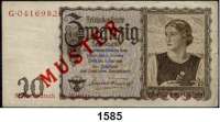 P A P I E R G E L D,R E I C H S B A N K  20 Reichsmark 16.6.1939.  Österreicherin.   Muster aus der Serie (G).  Mit rotem Aufdruck 
