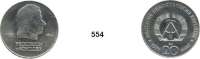 Deutsche Demokratische Republik,  20 Mark 1971(!). Ohne Münzzeichen.  Friedrich von Schiller.  13,32 Gramm.  Probe mit der Jahreszahl 1971 statt 1972.  Randschrift abwechselnd gegenständig angeordnet wie bei 20 Mark Heinrich Mann.