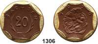 P O R Z E L L A N M Ü N Z E N,S A C H S E N  20 Mark 1920.  braun, mit vergoldeten beiderseitigen Rändern. Der rundumlaufende Außenrand ist nicht vergoldet.  Gipsform.  Menzel 22281.52.