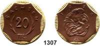 P O R Z E L L A N M Ü N Z E N,S A C H S E N  20 Mark 1920 braun, Rand vergoldet.  Gipsform.  Menzel 22281.53.