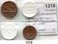 P O R Z E L L A N M Ü N Z E N,S T Ä D T E M Ü N Z E N Gollnow 50 Pfennig 1921 braun; 1 Mark 1921 braun und weiß(2).  Menzel 9297.  LOT. 4 Stück.
