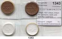 P O R Z E L L A N M Ü N Z E N,S T Ä D T E M Ü N Z E N Meissen 1 Mark 1921 braun, braun mit Goldrand, weiß und weiß mit Goldrand.  Scheuch 174.a, b, n, o.  Menzel 16521.  LOT. 4 Stück.