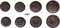 P O R Z E L L A N M Ü N Z E N,Münzen von anderen Deutschen Keramischen Fabriken Bunzlau 5, 10, 25 und 50 Pfennig 1921 braun.  Scheuch 503.a, 505.a, 507.a und 509.a.  Menzel 4020.1, 3, 6, 9.  selten.  SATZ. 4 Stück.