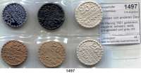 P O R Z E L L A N M Ü N Z E N,Münzen von anderen Deutschen Keramischen Fabriken Höhr 25 Pfennig 1921 gelbbraun, ziegelrot, schwarz, weiß, grauglasiert und grau mit kobaltblauer Glasur.  Scheuch 529.aI, aII, aIII, n, nI und nII.  Menzel 11709.  LOT. 6 Stück.
