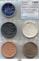 P O R Z E L L A N M Ü N Z E N,Münzen von anderen Deutschen Keramischen Fabriken Höhr 75 Pfennig 1921 ziegelrot(2), schwarz, weiß(Rdf.) und grau mit kobaltblauer Glasur.  Scheuch 531.aII(2), aIII, n und nII.  Menzel 11709.  LOT. 5 Stück.