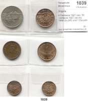 AUSLÄNDISCHE MÜNZEN,Angola  5 Centavos 1921 (ss); 50 Centavos 1927 (ss-vz); 1958 (2x prfr) und 1 Escudo 1974 (2x prfr).  LOT. 6 Stück.