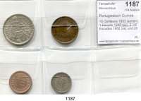 AUSLÄNDISCHE MÜNZEN,Portugiesisch Guinea  10 Centavos 1933 (schön); 1 Escudo 1946 (ss); 2 1/2 Escudos 1952 (ss) und 20 Escudos 1952 (ss-vz).  Schön 2, 7, 12, 16.  KM 2, 7, 9, 11.  LOT. 4 Stück.