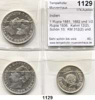 AUSLÄNDISCHE MÜNZEN,Indien Portugiesisch Indien 1 Rupia 1881, 1882 und 1/2 Rupia 1936.  Kahnt 12(2); Schön 10;  KM 312(2) und 23.  LOT. 3 Stück.