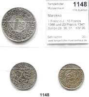 AUSLÄNDISCHE MÜNZEN,Marokko  1 Franc o.J.; 10 Francs 1366 und 20 Francs 1347.  Schön 28, 36, 31.   KM 36, 44, 39.  LOT. 3 Stück.