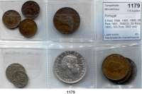 AUSLÄNDISCHE MÜNZEN,Portugal Karl I. 1889 - 1908 5 Reis 1898, 1905, 1906; 20 Reis 1891, 1892(3); 50 Reis 1900; 100 Reis 1900 und 1000 Reis 1899.  LOT. 10 Stück.