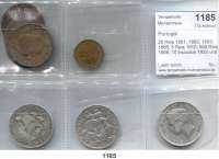 AUSLÄNDISCHE MÜNZEN,Portugal L O T S     L O T S     L O T S 20 Reis 1881, 1882, 1883, 1886; 5 Reis 1910; 500 Reis 1908; 10 Escudos 1933 und 1934.  LOT. 8 Stück.