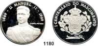 AUSLÄNDISCHE MÜNZEN,Portugal Manuel II. 1908 - 1910 Silbermedaille 1989 (Cabral Antunes).  Zum 100. Geburtstag.  Brustbild. /  Wappen.  40 mm.  29,13 g.  Im Etui.