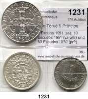 AUSLÄNDISCHE MÜNZEN,São Tomé & Príncipe  1 Escudo 1951 (ss); 10 Escudos 1951 (vz-prfr) und 50 Escudos 1970 (prfr).  LOT. 3 Stück.