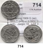 R E I C H S M Ü N Z E N,Kleinmünzen  25 Pfennig 1909 G (ss); 1911 E (prfr) und 1912 D (prfr).  Jaeger 18.  LOT. 3 Stück.