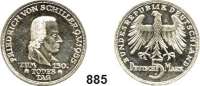 B U N D E S R E P U B L I K,  5 Mark 1955 F.  Jaeger 389.  Friedrich von Schiller.