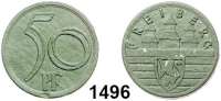 P O R Z E L L A N M Ü N Z E N,Münzen von anderen Deutschen Keramischen Fabriken Freiberger Porzellanfabrik Freiberg,  50 Pfennig o.J. (1921).  grün.  22 mm.  Stempeldrehung 225 Grad.  Menzel 8083.7.  Äußerst selten.