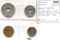 Besetzte Gebiete  -  Kolonien  -  Danzig,Deutsch - Ostafrika L O T S    L O T S    L O T S 1/2 Heller 1905 A; 1 Heller 1905 A; 5 Heller 1913 A und 10 Heller 1908J.  Jaeger 715, 716, 718, 719.  LOT. 4 Stück.