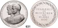 M E D A I L L E N,Personen Rupprecht Kronprinz von Bayern Silbermedaille 1900 (A. Börsch).  Vermählung des Kronprinzen Rupprecht von Bayern mit Herzogin Marie Gabriele Herzogin in Bayern.  Beider Brb. nach links. /  6 Textzeilen.  41 mm.  34,56 g.  Leibfried 1114.