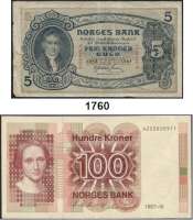 P A P I E R G E L D,AUSLÄNDISCHES  PAPIERGELD Norwegen 23 Scheine (11 verschiedene).  Von 5 Kronen 1943 bis 100 Kronen 2016.  Pick 7 c, 9 d, 15 a, 16 a, 36 b, 36 c(3), 42 e(2). 43 c(10), 46 d, 48 c, 54.