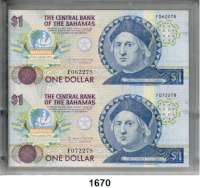 P A P I E R G E L D,AUSLÄNDISCHES  PAPIERGELD Bahamas 1 Dollar L.1974 o.D.(1992).  Zwei Scheine im Doppelbogen im Hartplastikrahmen.  KN F062278 und F072278.  Pick 50 a.
