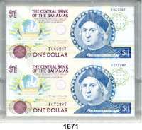 P A P I E R G E L D,AUSLÄNDISCHES  PAPIERGELD Bahamas 1 Dollar L.1974 o.D.(1992).  Zwei Scheine im Doppelbogen in Hartplastikrahmen.  KN F062287 und F072287. Pick 50 a.