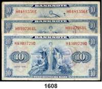 P A P I E R G E L D,BUNDESREPUBLIK DEUTSCHLAND  10 Deutsche Mark 1948.  Mit B-Stempel.  Ros. WBZ-17 a.  LOT. 3 Scheine.