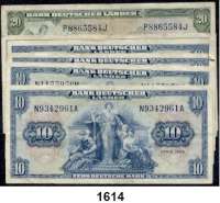 P A P I E R G E L D,BUNDESREPUBLIK DEUTSCHLAND  10 Deutsche Mark 22.8.1949.  N/A, N/M, N/U, N/W.  20 Deutsche Mark 22.8.1949.  P/J, P/Q.  Ros. BRD-4 und 5.  LOT. 6 Scheine.