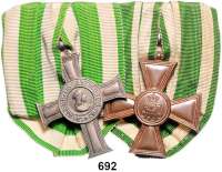 Orden, Ehrenzeichen, Militaria, Zeitgeschichte,Deutschland Sachsen Ordensspange mit zwei Auszeichnungen.  Albrechtskreuz und Verdienstkreuz in der letzten Form, für 15 Jahre, Kupferfarben.