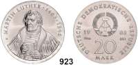Deutsche Demokratische Republik,  20 Mark 1983.  Zum 500. Geburtstag von Martin Luther.  Materialprobe in Neusilber.  Auflage 100 Exemplare.  Mit einpunzierter Nummer 027.