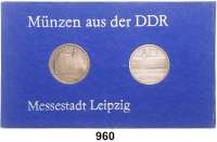 Deutsche Demokratische Republik,Thematische Sätze  Messestadt Leipzig.  5 Mark 1984  Thomaskirche in Leipzig und Altes Rathaus in Leipzig.  Im Papprahmen (blau) mit Aufschrift 