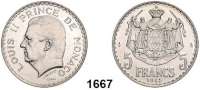 AUSLÄNDISCHE MÜNZEN,Monaco Louis II. 1922 - 1949 5 Francs 1945.  Essai.  Silber.  14,57 g.  KM E 17.  Auflage 250 Exemplare.