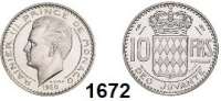 AUSLÄNDISCHE MÜNZEN,Monaco Rainier III. 1949 - 2005 10 Francs 1950.  Essai.  Silber.  3,81 g.  KM E 25.  Auflage 500 Exemplare.