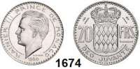 AUSLÄNDISCHE MÜNZEN,Monaco Rainier III. 1949 - 2005 20 Francs 1950.  Essai.  Silber.  6,52 g.  KM E 28.  Auflage 500 Exemplare.