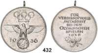 M E D A I L L E N,Olympiade Berlin 1936 Offizielle Olympia-Erinnerungsmedaille von 1936. Eisen versilbert mit Öse. 37 mm.